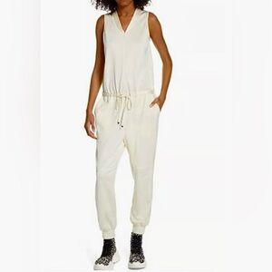 Tibi Cotton Blend Zip Front Tie Waist Sleeveless V Neckline Romper